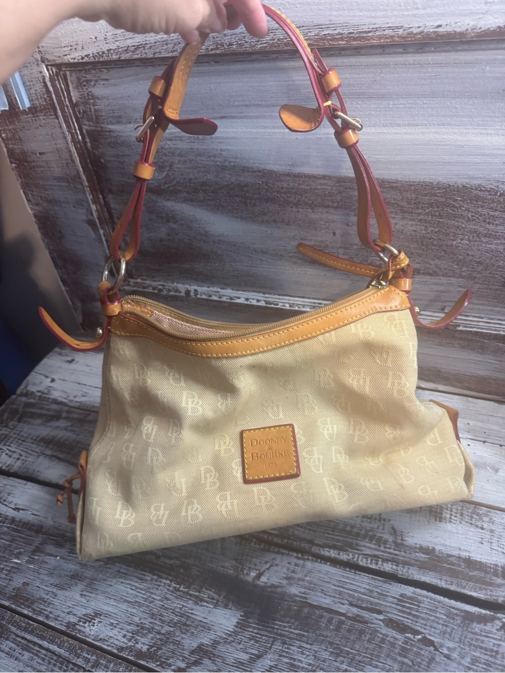 Vintage Dooney & Bourke Cream Canvas Shoulder Bag with Tan Leather Trim